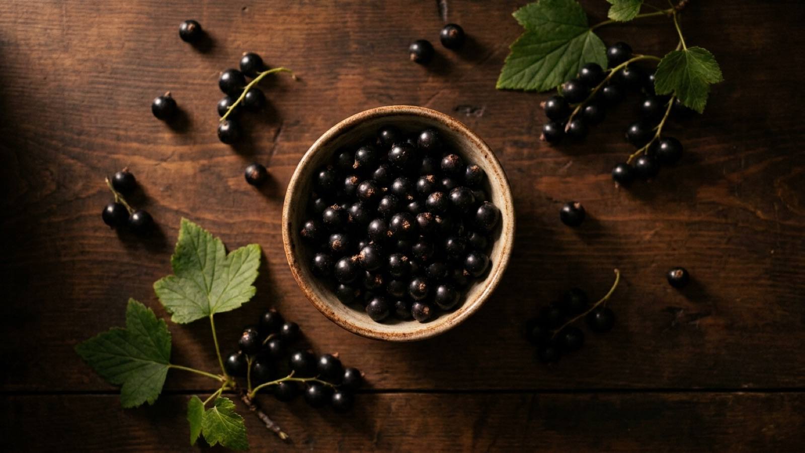An overhead bowl of fresh blackcurrants with leaves on a dark wooden surface