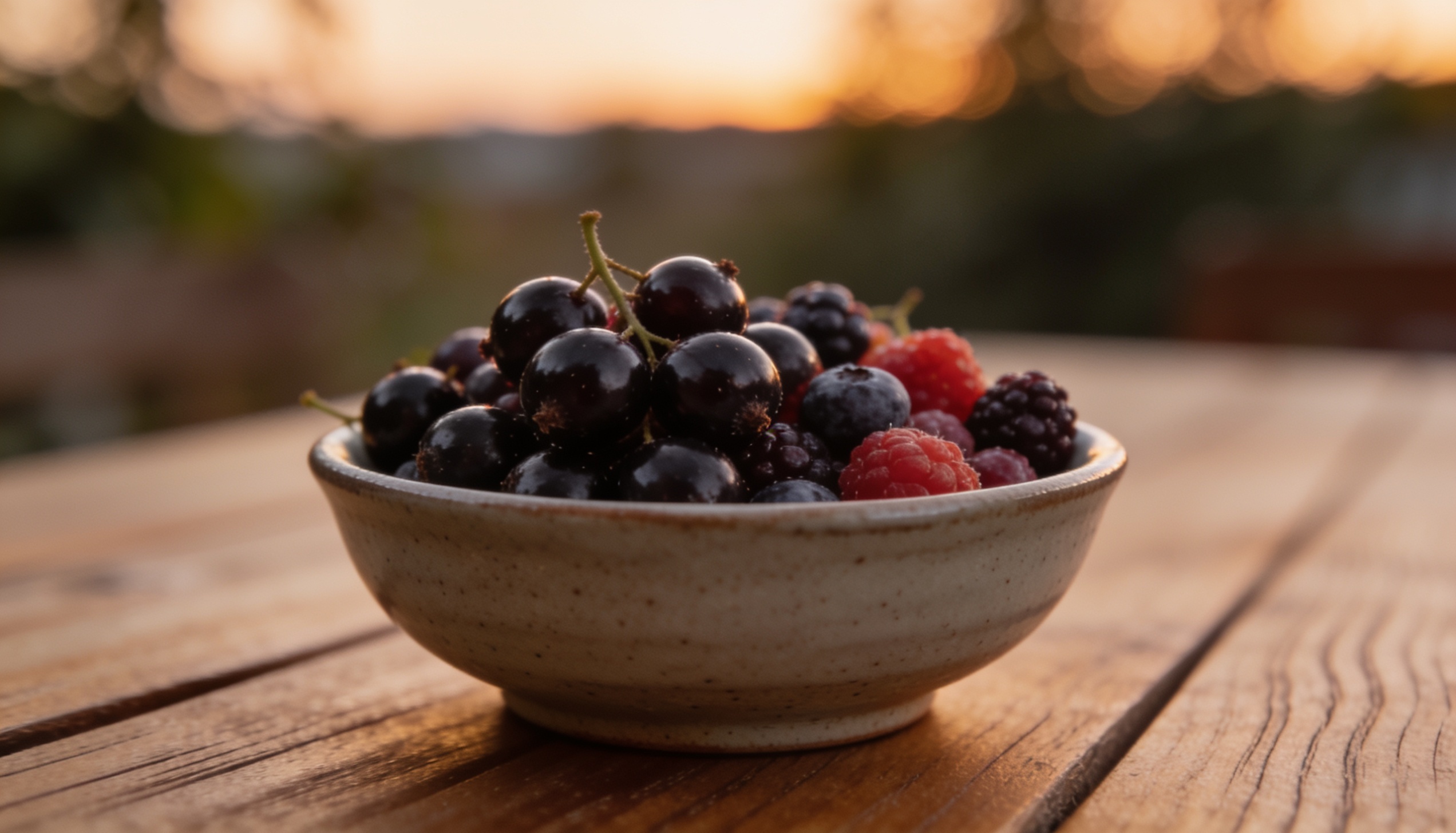 A ceramic bowl of fresh blackcurrants and mixed berries on a wooden table at sunset