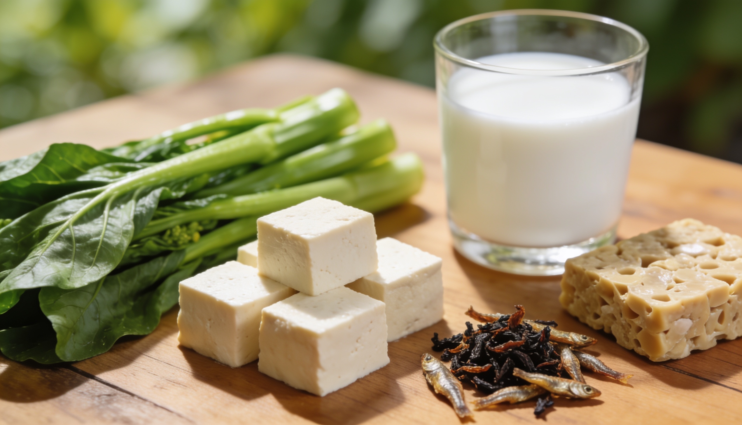 Calcium-rich foods including leafy greens, tofu, milk, ikan bilis and tempeh