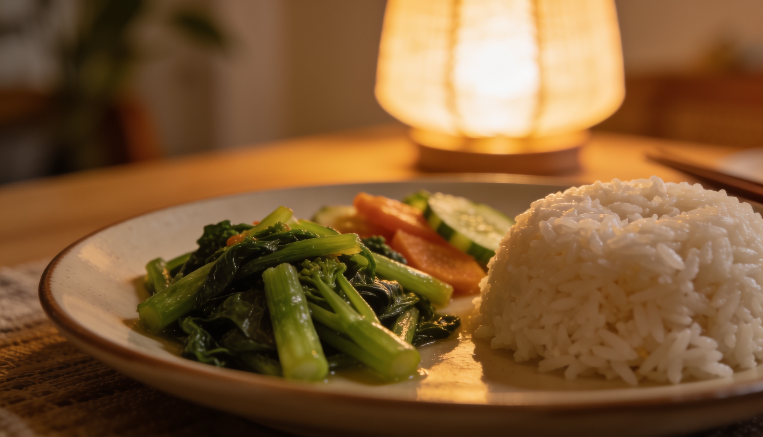 A simple light evening meal of greens and rice under warm lamp light
