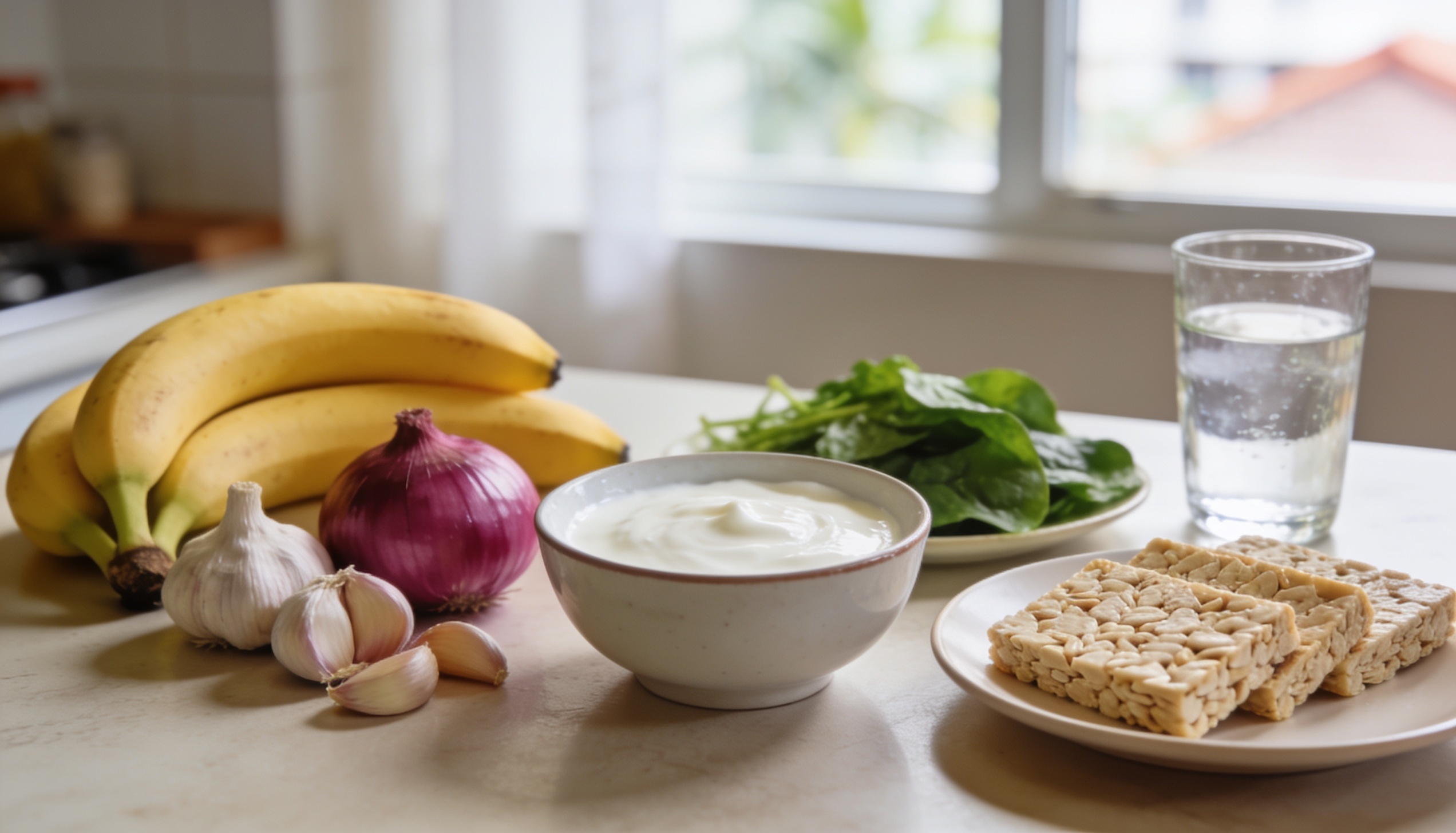 A table of gut-friendly whole foods including bananas, garlic, yogurt and leafy greens