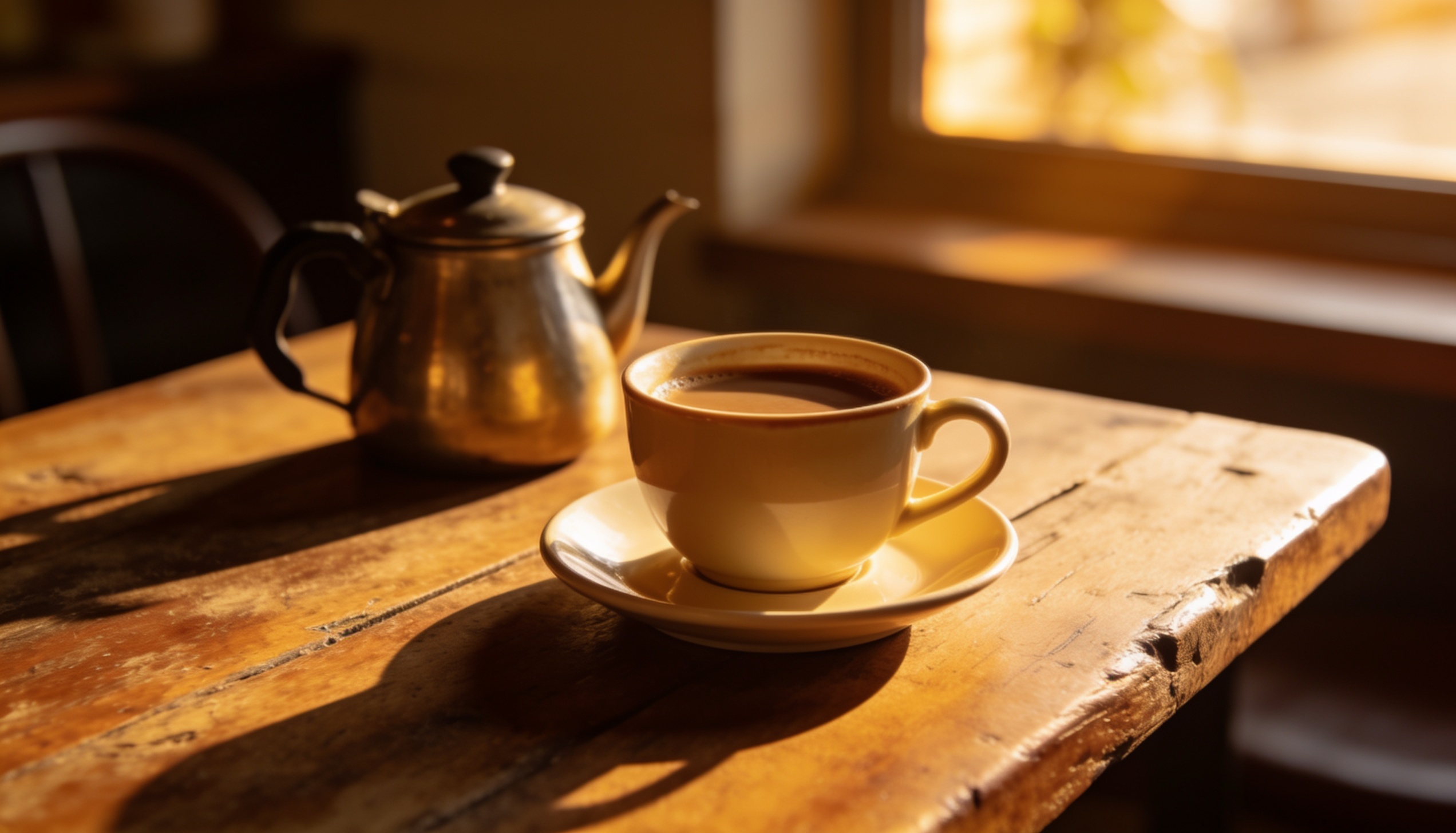 A cup of Malaysian kopi and a kettle on a table in warm afternoon light