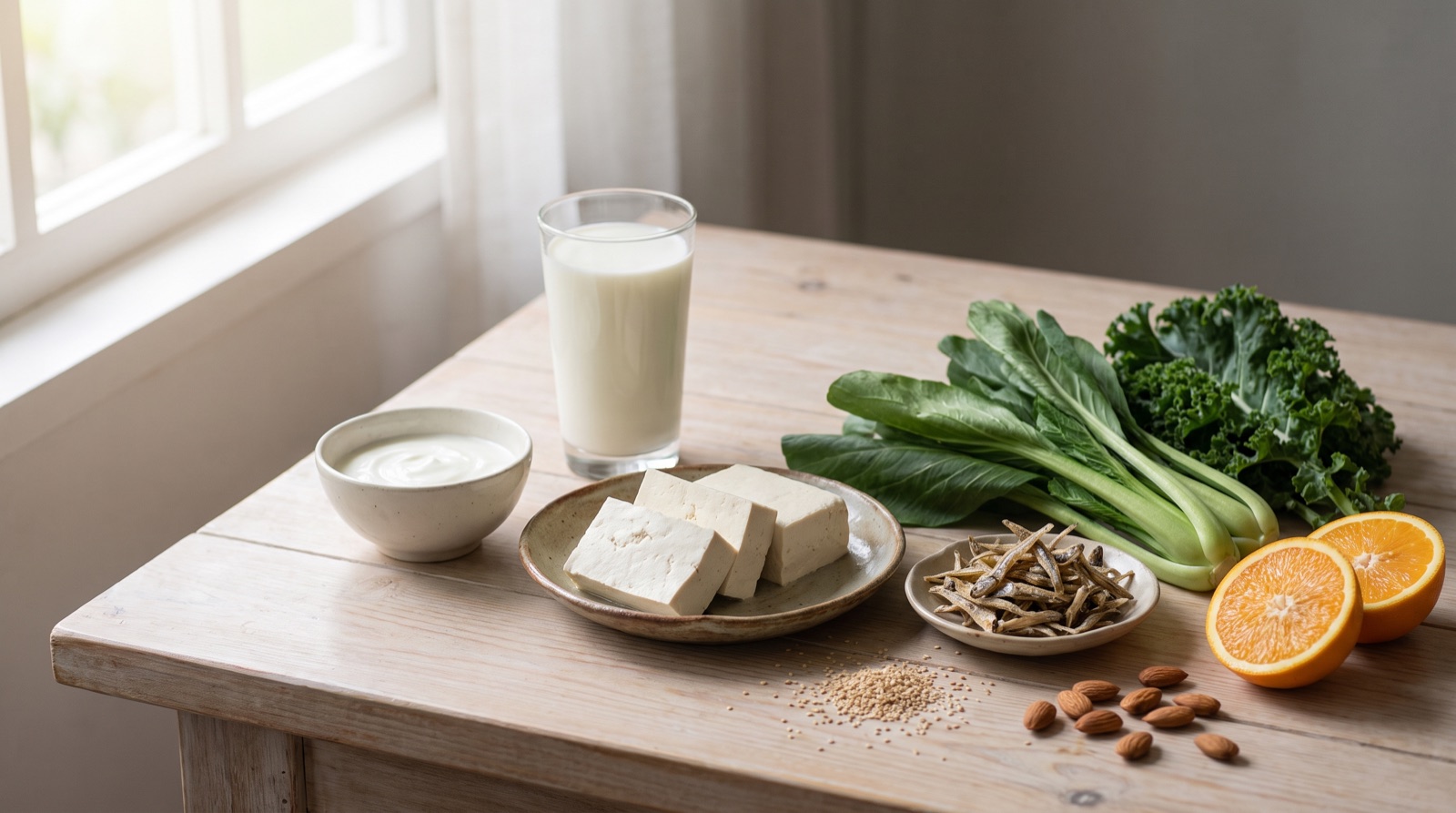 木桌上的钙质来源食材：一杯牛奶、一碗原味优格、白豆腐、江鱼仔、深绿叶菜、芝麻与杏仁，笼罩在早晨柔和的自然光里