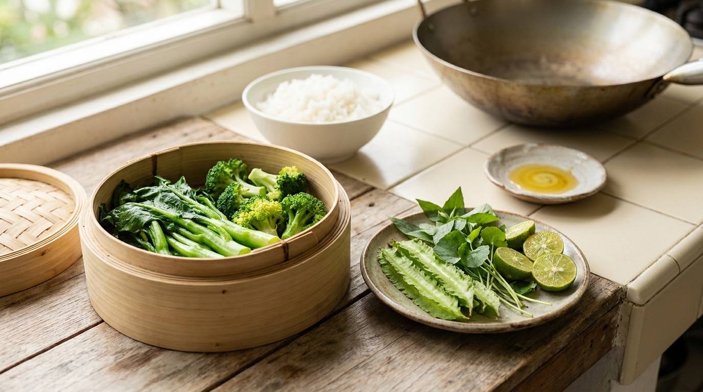 A bamboo steamer of leafy greens and broccoli beside fresh ulam herbs, limes, steamed rice and a wok on a sunlit Malaysian kitchen counter