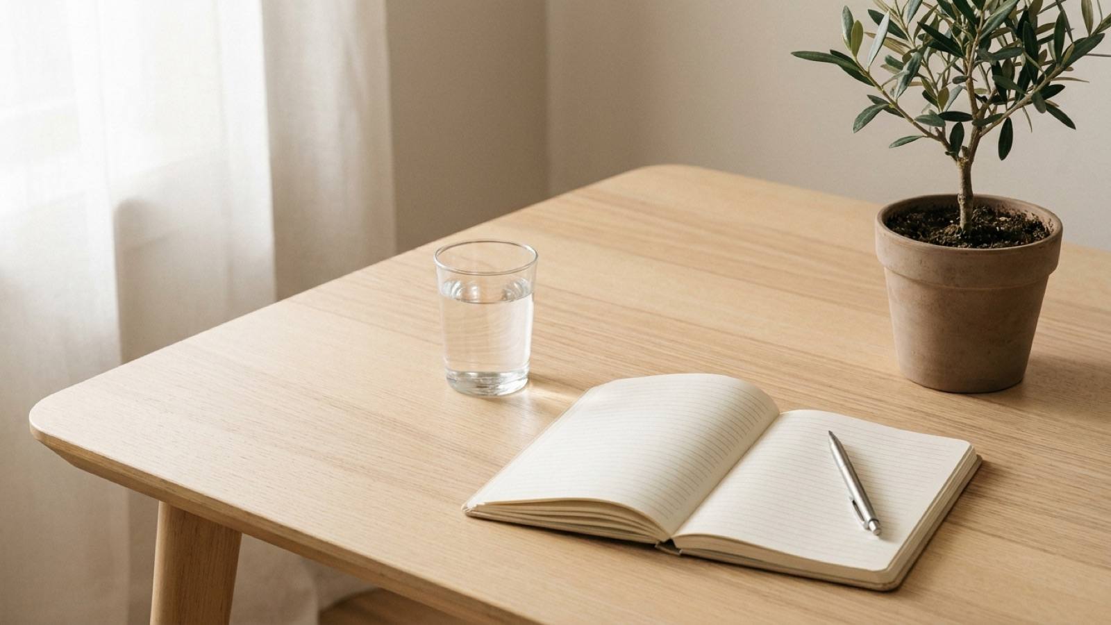 A glass of water and an open notebook on a calm table in soft morning light