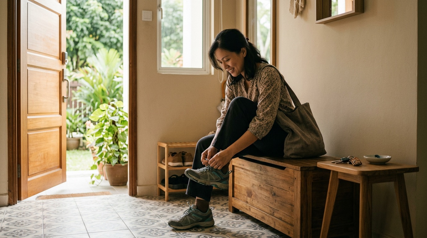 A woman sitting on a low bench in the hallway of a Malaysian home, tying her walking shoes in soft early morning light