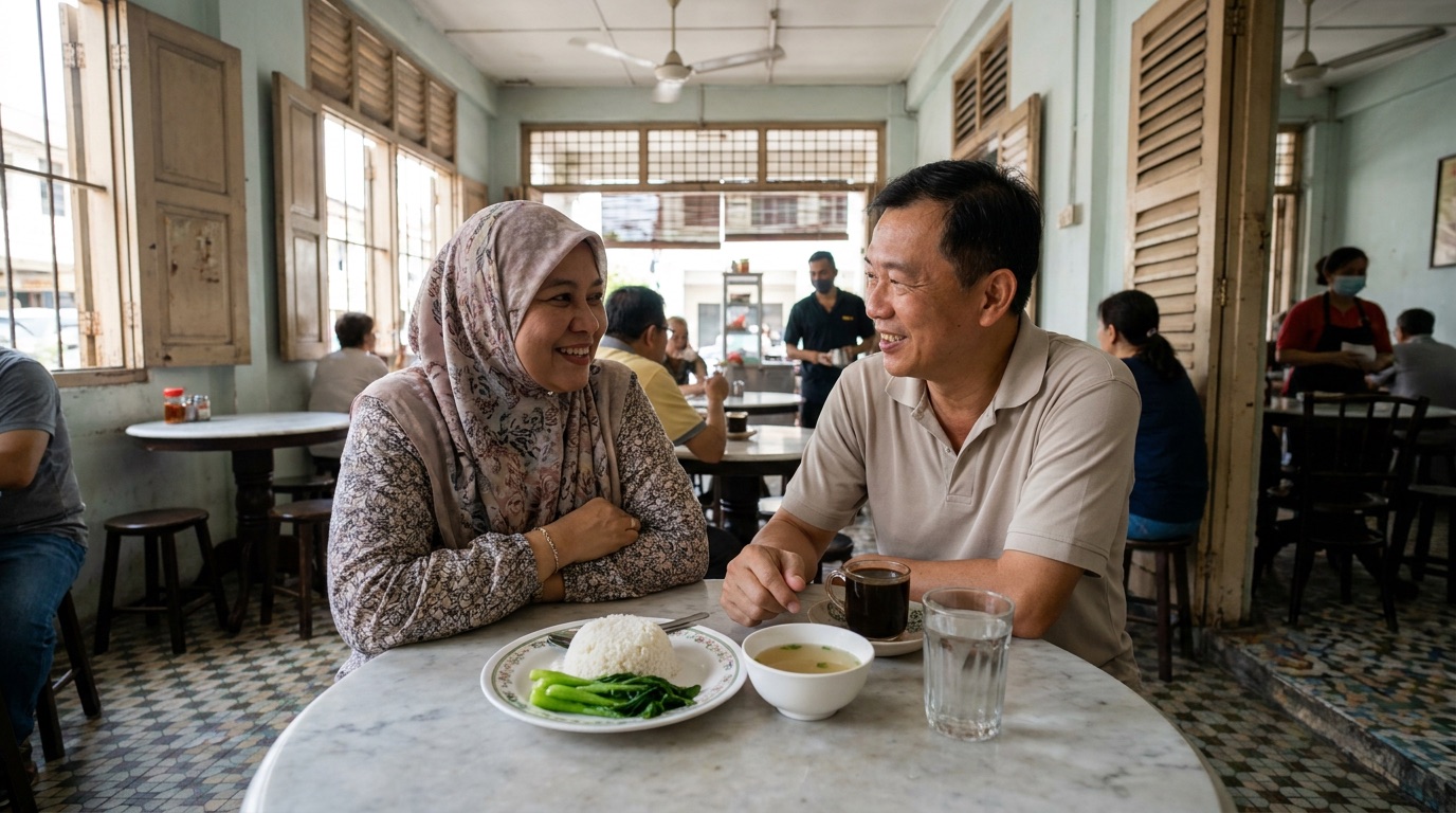 Two friends chatting over a light meal of rice, greens and clear soup at a marble table in a bright traditional Malaysian kopitiam