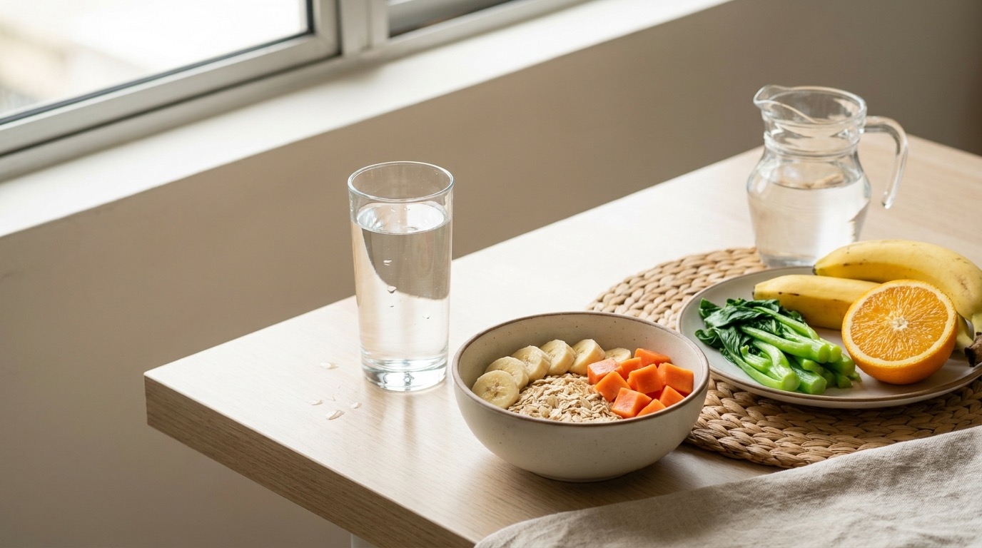 A tall glass of water beside a bowl of oats with banana and papaya, greens and whole fruit on a sunlit kitchen counter