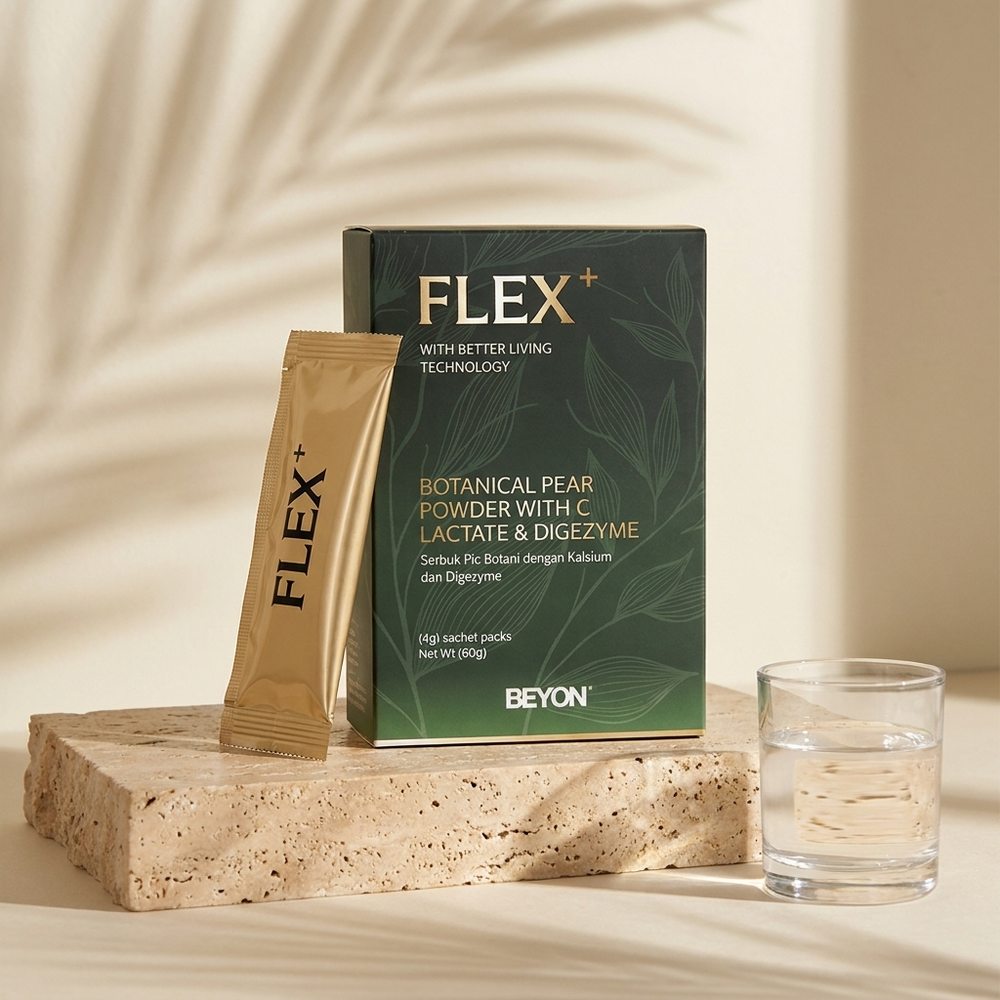 BEYON FLEX+ box and gold sachet on a stone plinth in soft morning light