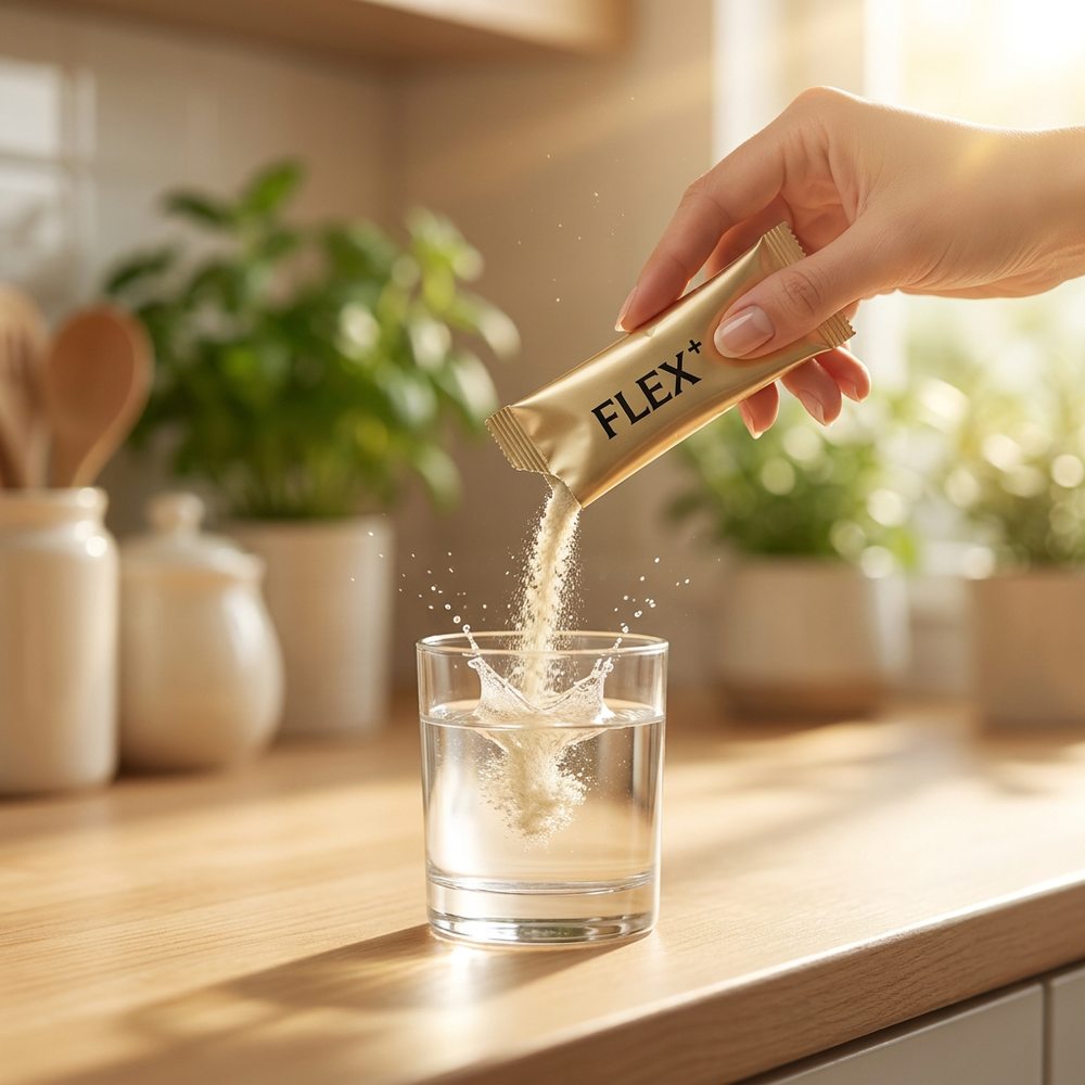 FLEX+ powder being poured from a gold sachet into a glass of water in a sunlit kitchen