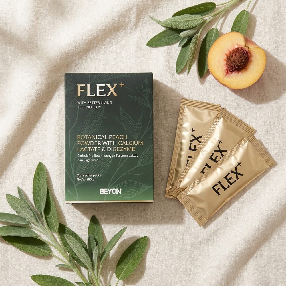 FLEX+ box with three gold sachets, fresh peach and sage leaves flat lay