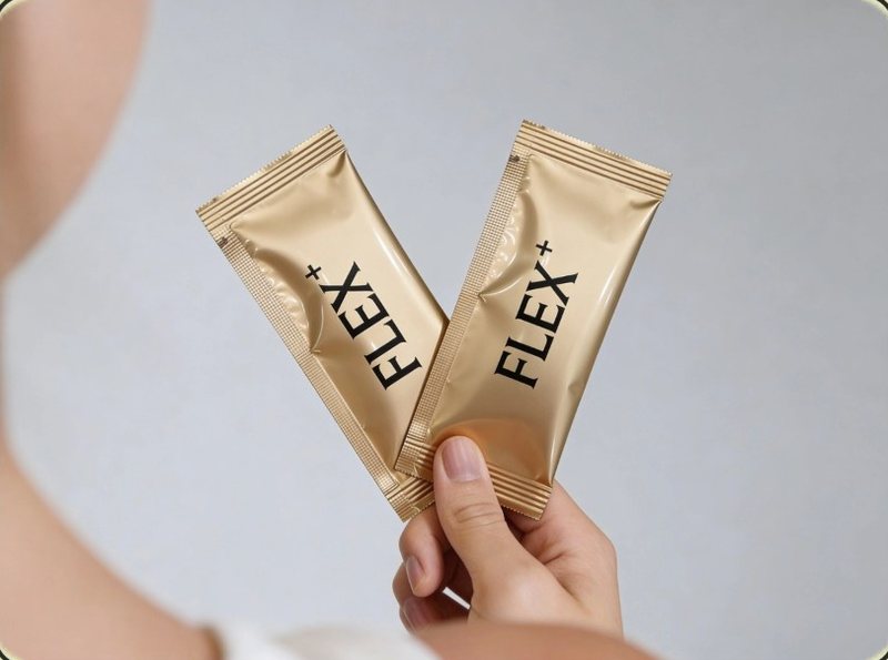 A hand holding two gold FLEX+ sachets