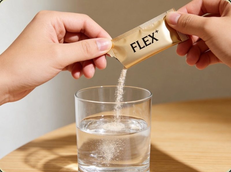 Tearing a FLEX+ sachet and pouring the powder into a glass of water
