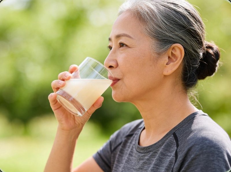 A woman enjoying her daily FLEX+ drink outdoors