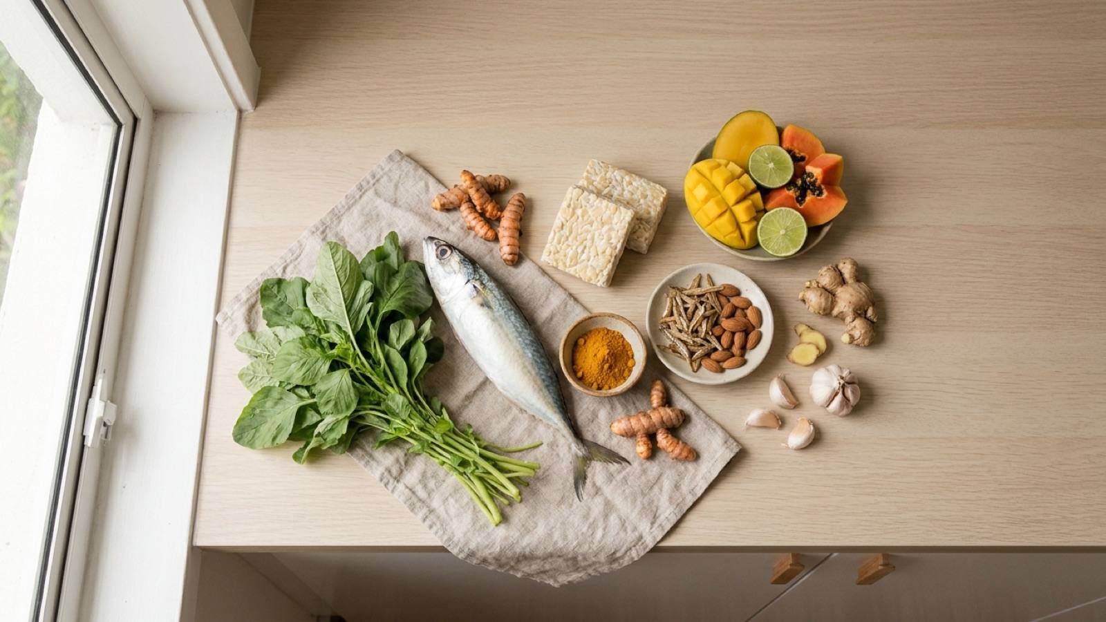 An overhead flat-lay of fresh Malaysian ingredients including ikan kembung, leafy greens, fresh turmeric, tempeh, ikan bilis and fruit on a wooden kitchen counter