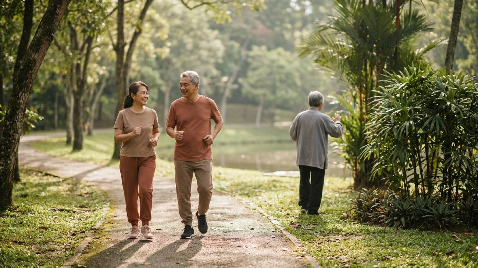 An older Malaysian couple briskly walking together along a shaded park path in the soft morning light