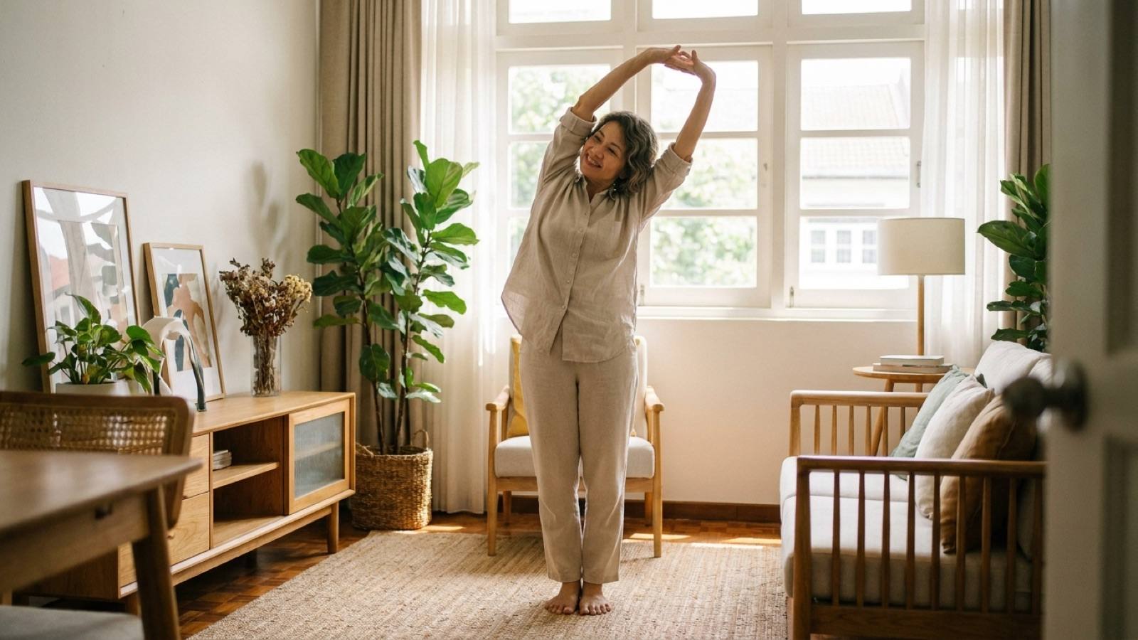 A person doing a gentle standing stretch by a bright window in a living room