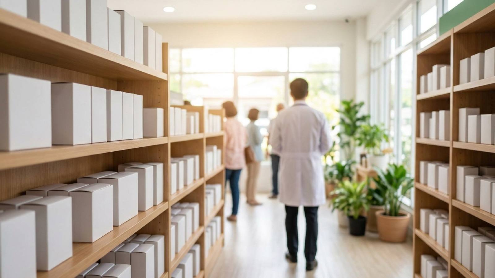 A bright, clean Malaysian pharmacy aisle with a pharmacist and neatly stocked shelves
