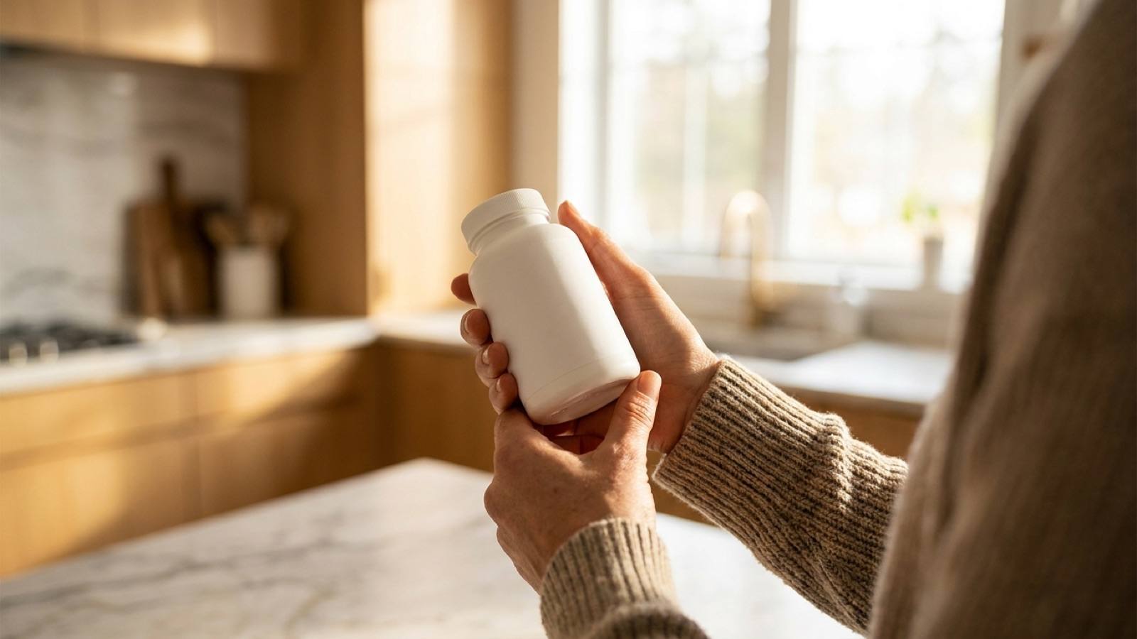 A pair of hands holding and reading a plain supplement bottle in a bright kitchen
