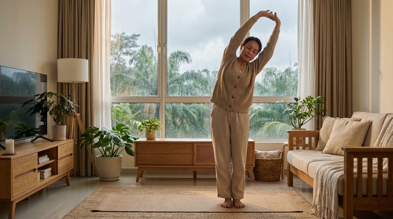 A woman doing gentle standing stretches on a mat in a bright living room while heavy monsoon rain runs down the window behind her