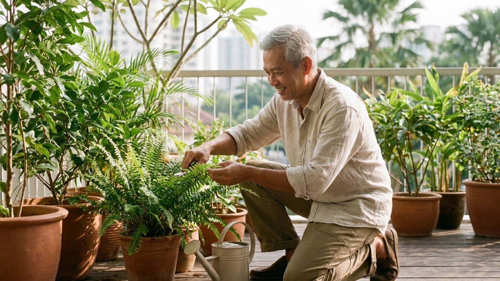 An active older Malaysian adult tending potted plants on a bright balcony in the morning