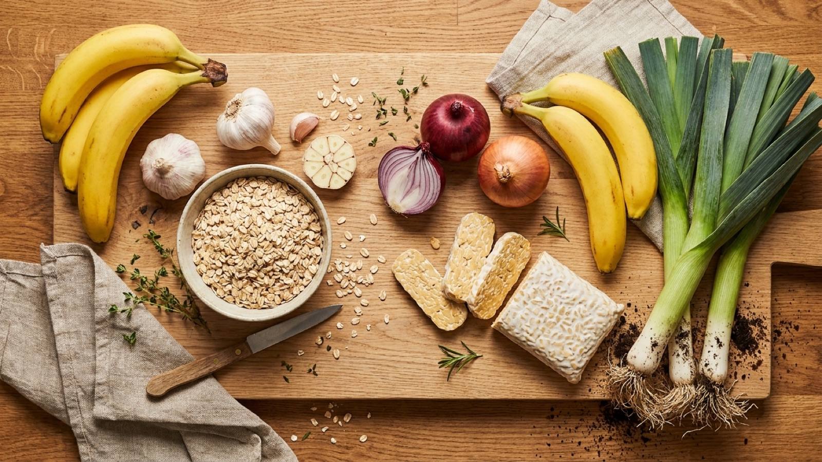 An overhead flat-lay of prebiotic and protein-rich foods including bananas, garlic, oats, leeks and tempeh