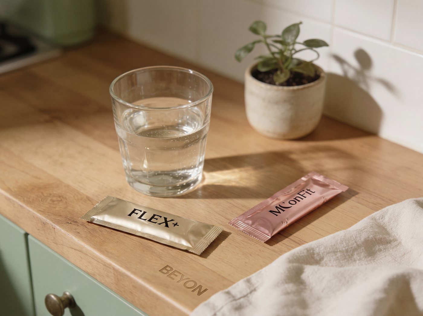 BEYON FLEX+ and MoonFit sachets beside a glass of water on a sunlit kitchen counter
