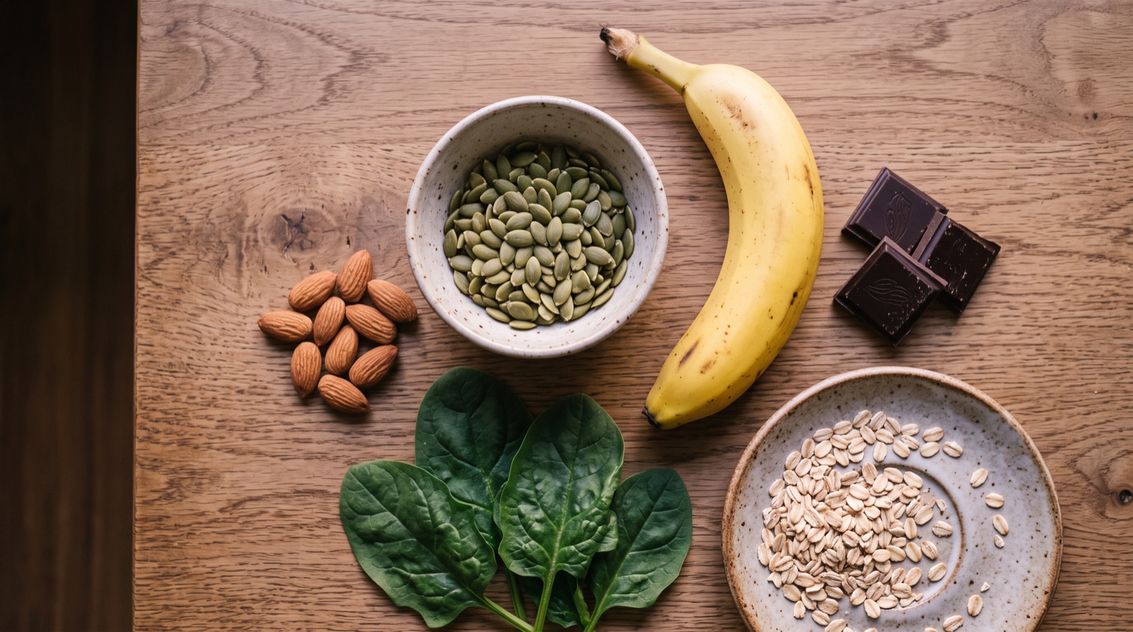 Susunan makanan kaya magnesium seperti biji labu, kacang badam, sayur hijau, pisang dan coklat gelap di atas meja kayu dalam cahaya petang yang lembut