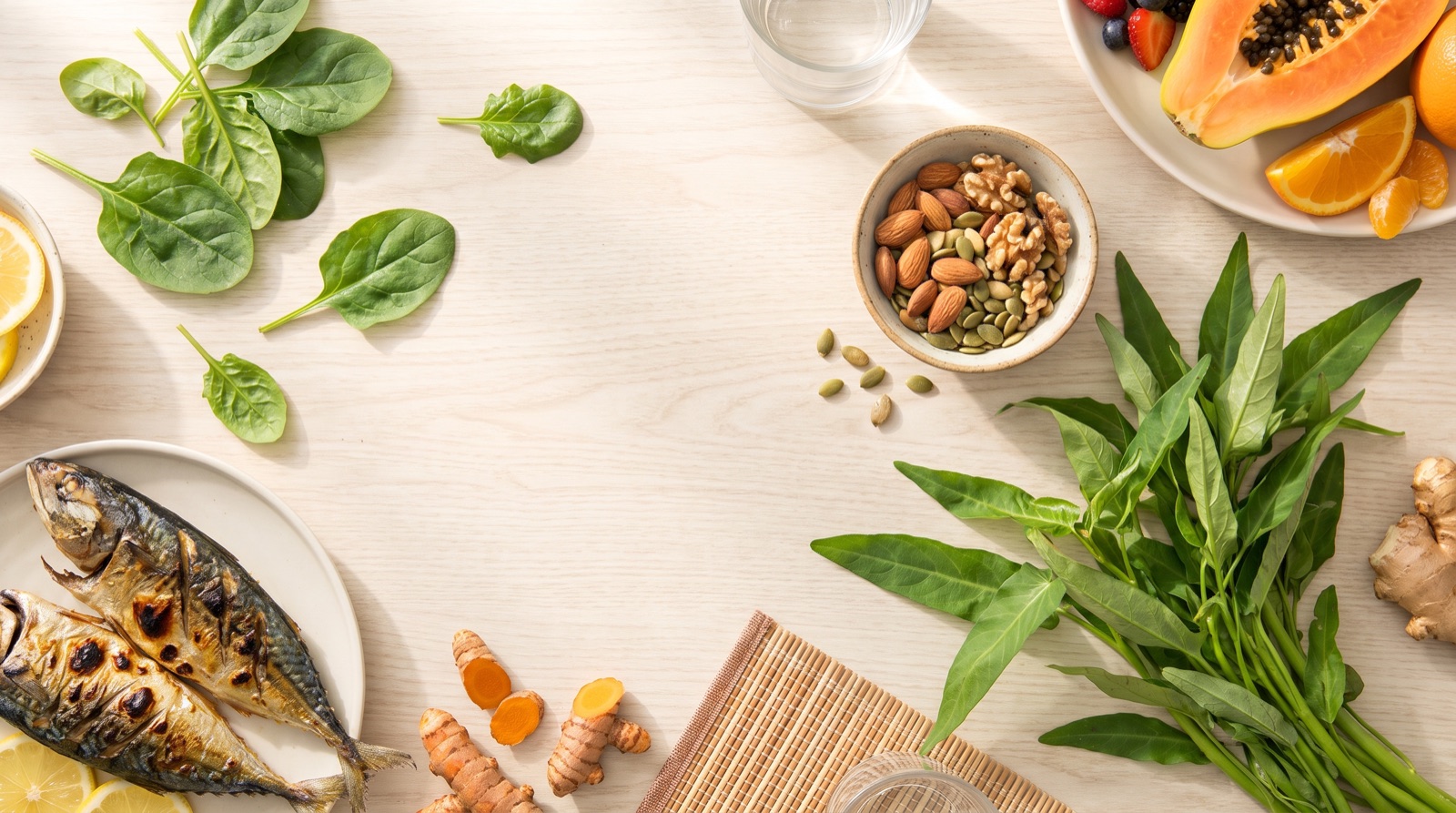 Susunan makanan mesra sendi seperti ikan berminyak, sayur berdaun hijau, kacang, biji labu, buah berwarna, kunyit dan halia di atas meja kayu dalam cahaya siang yang cerah