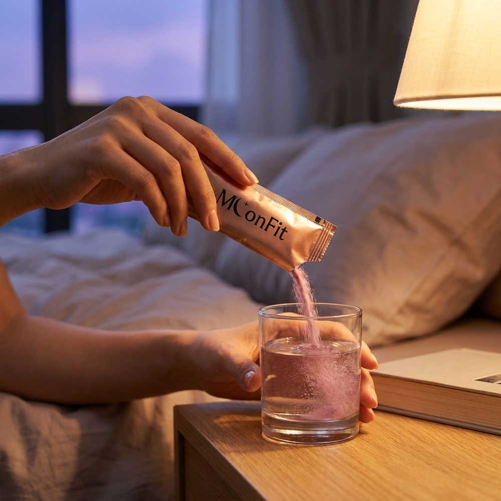 MoonFit powder being poured into a glass of water on a bedside table at night