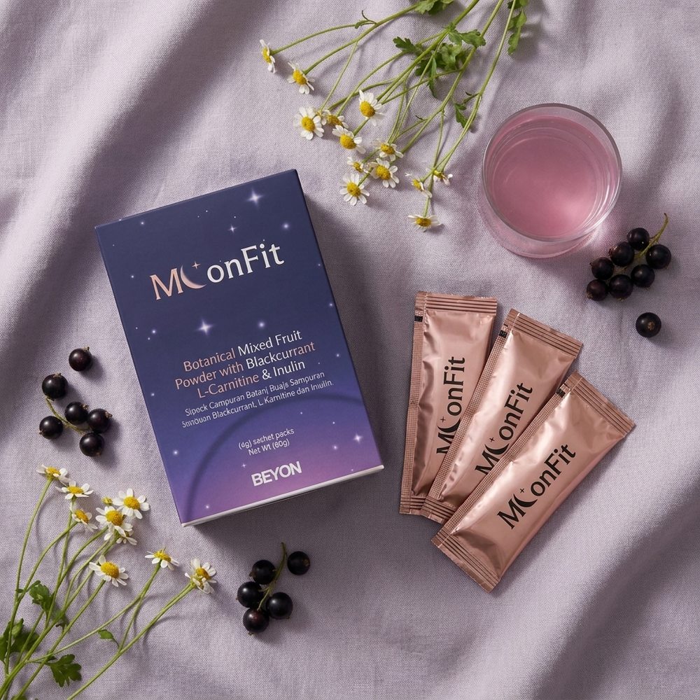 MoonFit box with three rose-gold sachets, blackcurrants and chamomile flowers flat lay