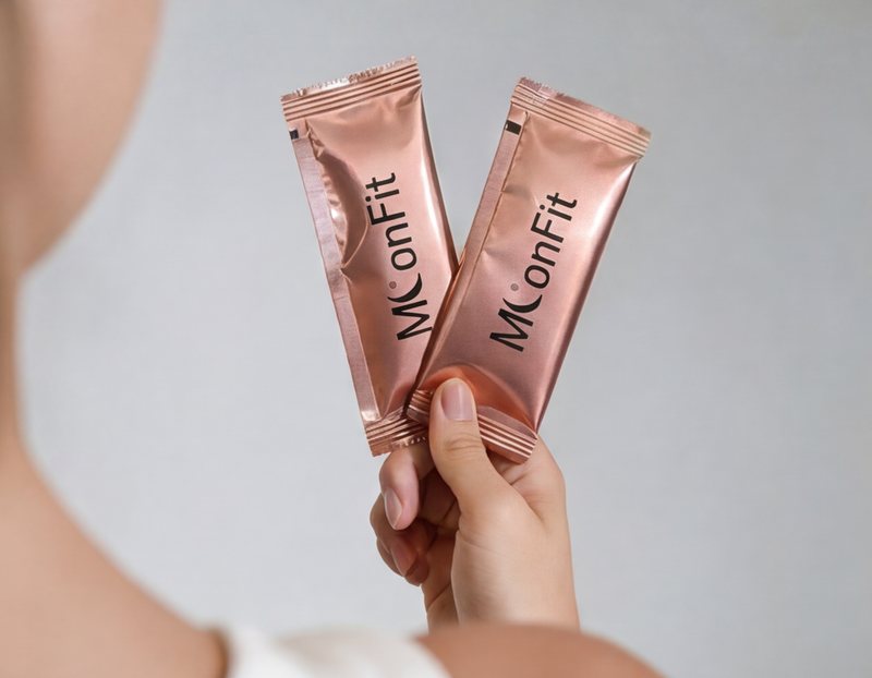A hand holding two rose-gold MoonFit sachets