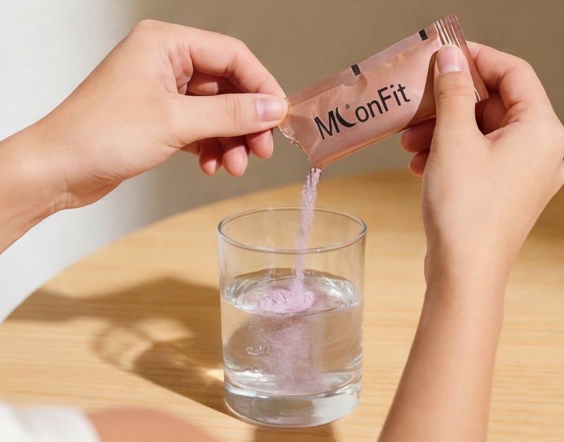 Tearing a MoonFit sachet and pouring the powder into a glass of water