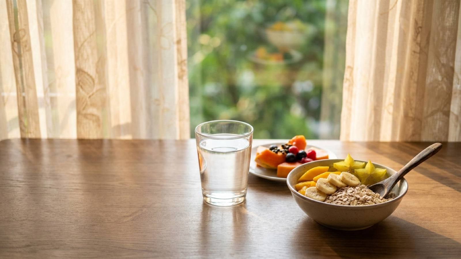 A glass of water and a simple fruit and oats breakfast by a sunlit window