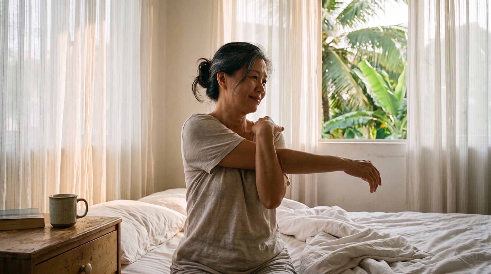 A woman sitting on the edge of her bed in soft early morning light, gently stretching one shoulder as she wakes up