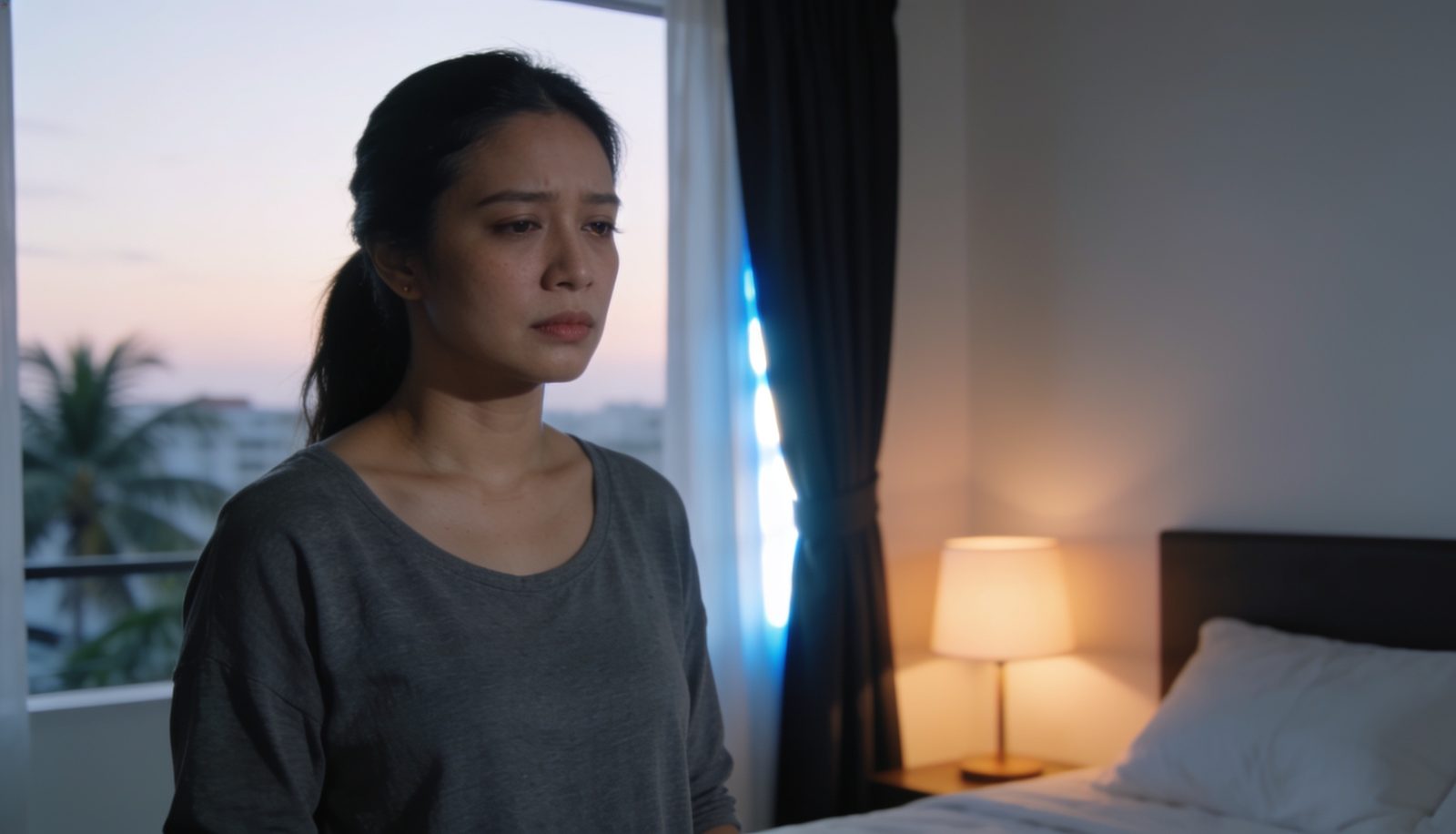A woman arriving home in the early morning after a night shift, drawing the curtains in a softly lit bedroom