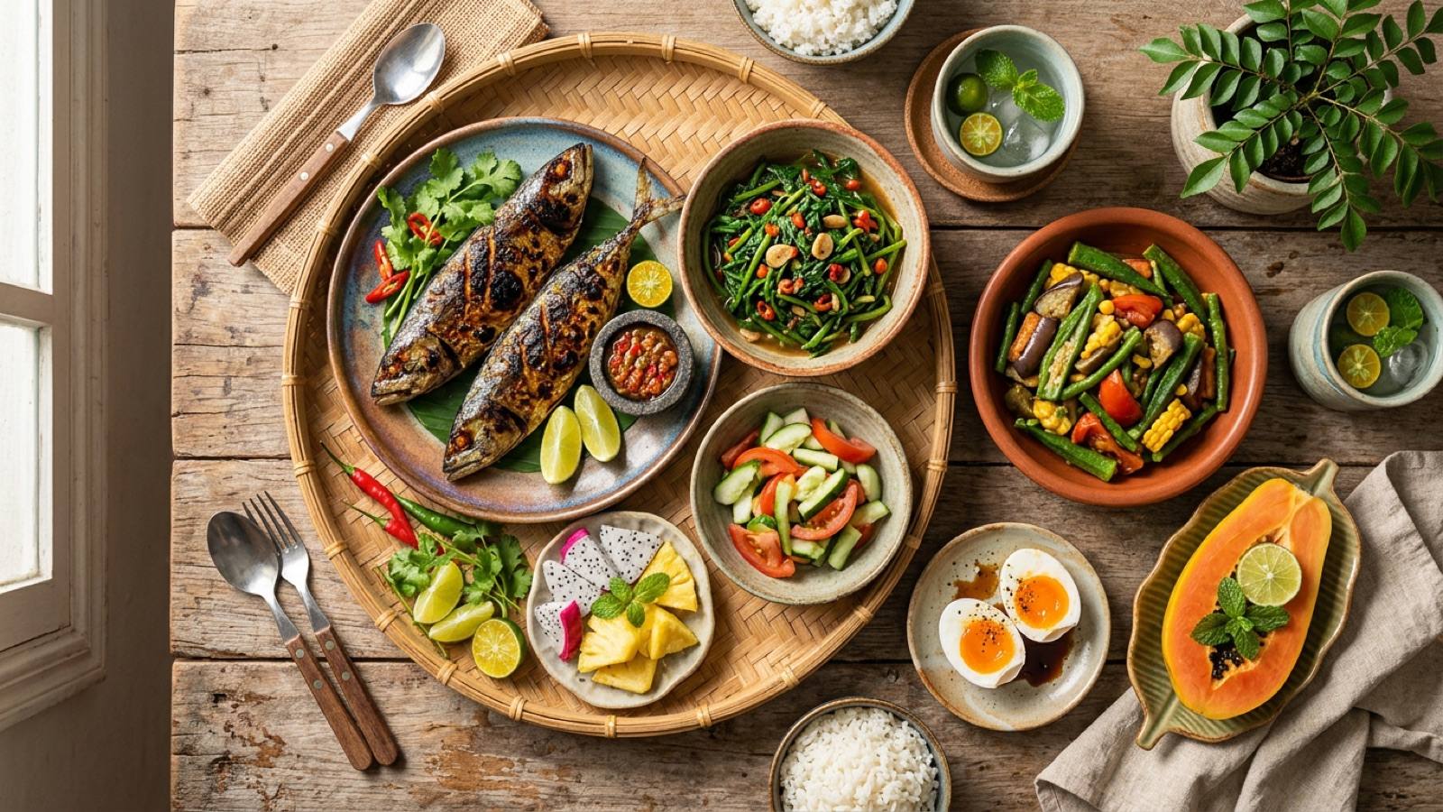 An overhead spread of a colourful nutrient-rich Malaysian meal with fish, vegetables, eggs and fruit