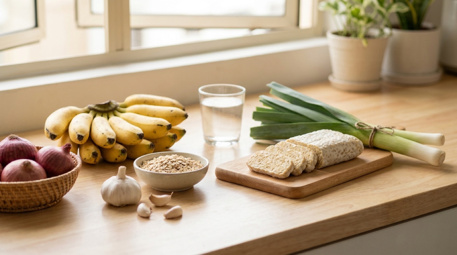 Everyday Malaysian prebiotic fibre foods including bananas, onions, garlic, oats and tempeh arranged on a sunlit kitchen counter