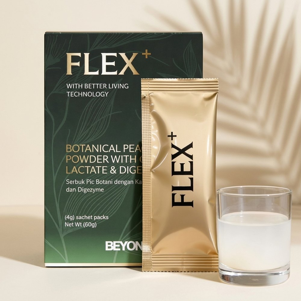 BEYON FLEX+ box with gold sachet and freshly mixed glass