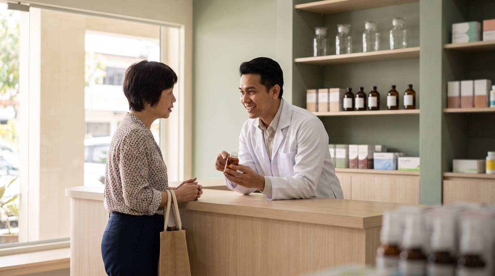 A pharmacist in a white coat talking with a woman across the counter of a bright Malaysian community pharmacy