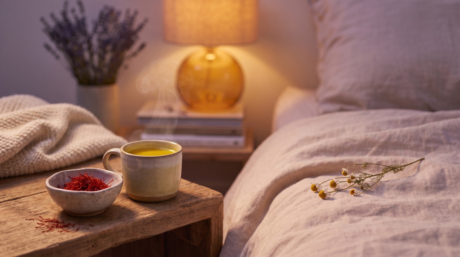 Secawan susu saffron hangat dan bunga lavender di meja sisi katil untuk rutin sebelum tidur
