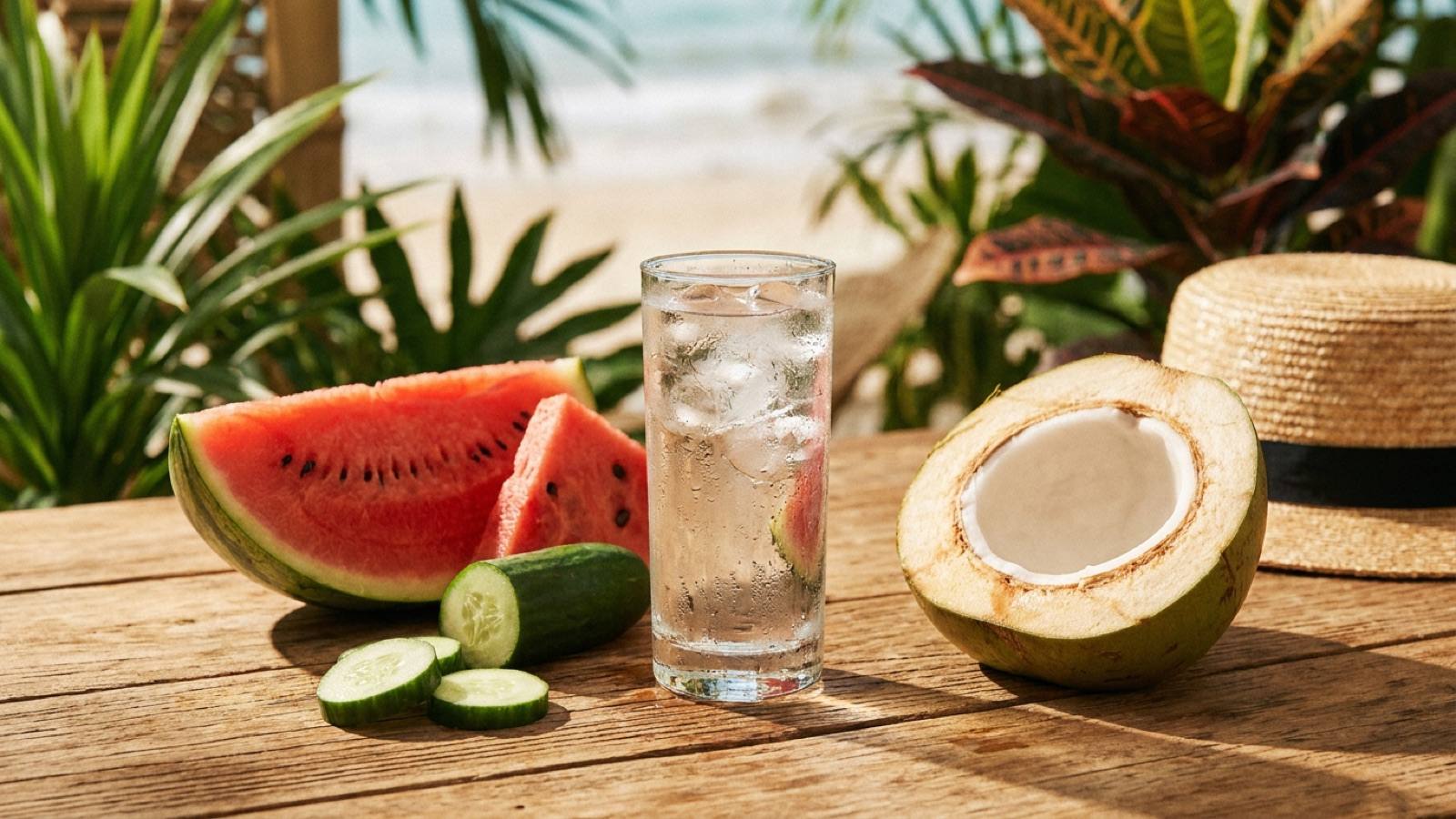 A glass of iced water with watermelon, cucumber and coconut on a bright table