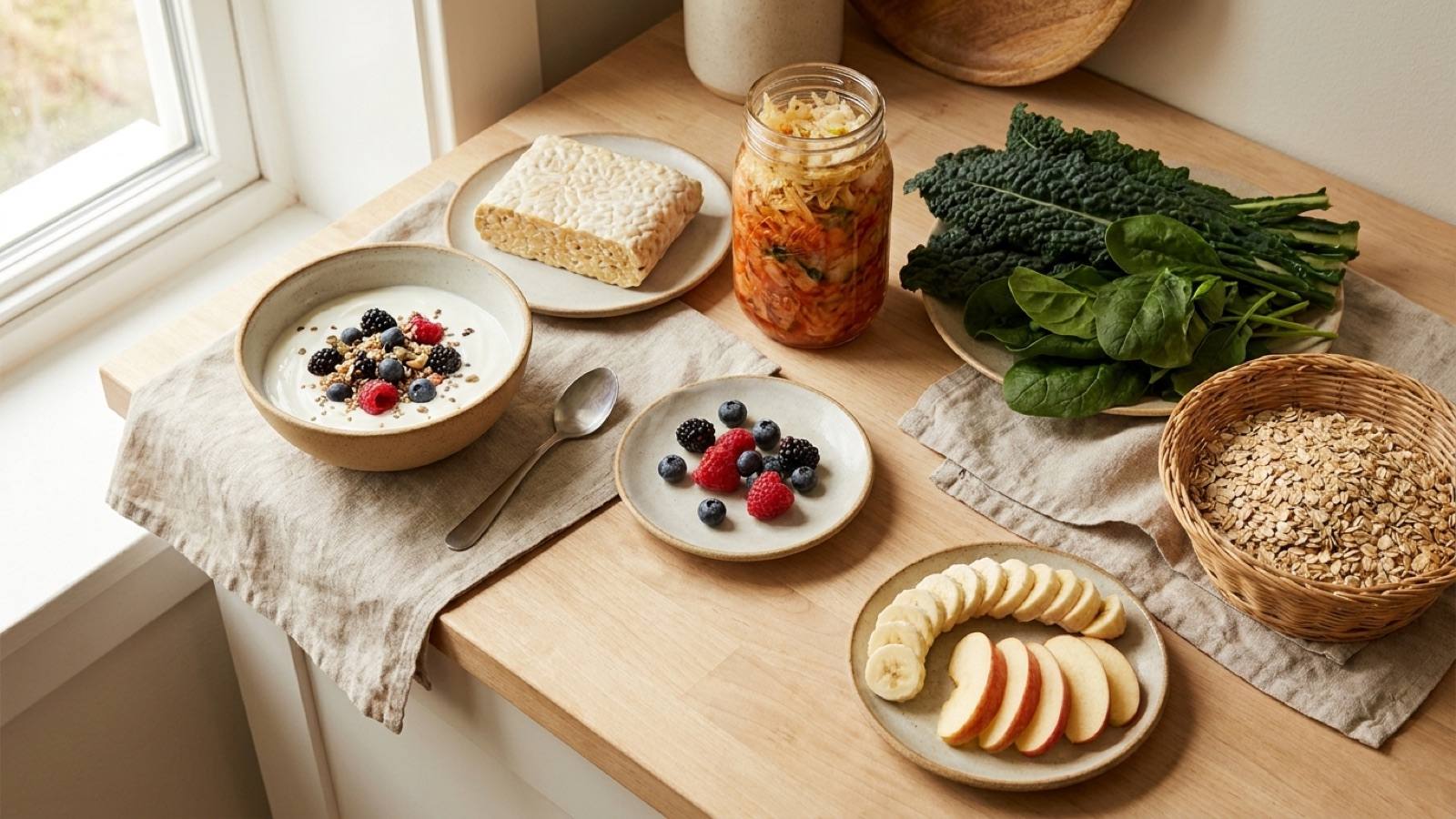 An overhead spread of gut-friendly foods including yogurt, fermented vegetables, greens, oats and fruit