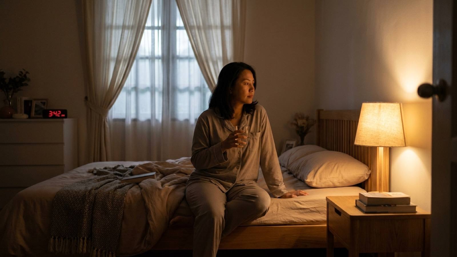 A woman awake in the middle of the night, sitting calmly on the edge of her bed with a glass of water in a dimly lit bedroom