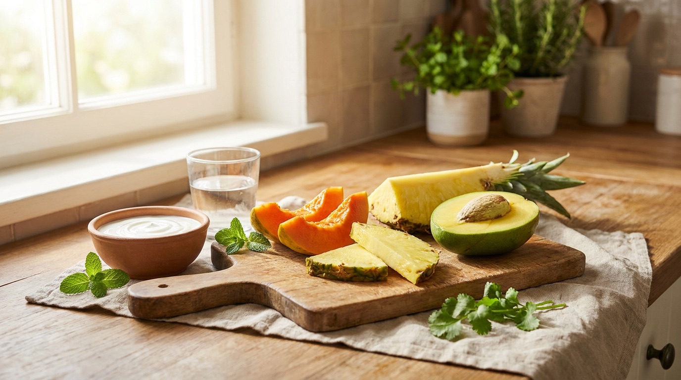 Sliced papaya, pineapple and green mango on a wooden board beside a bowl of yogurt and a glass of water in a sunlit Malaysian kitchen